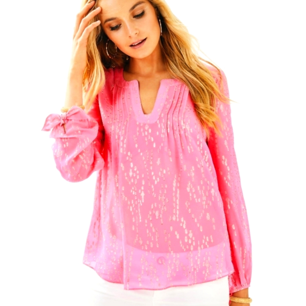 Lilly Pulitzer Colby Sheer Long Sleeve Pink Gold Top Size S